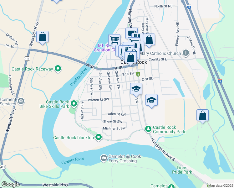 map of restaurants, bars, coffee shops, grocery stores, and more near 523 2nd Ave SW in Castle Rock