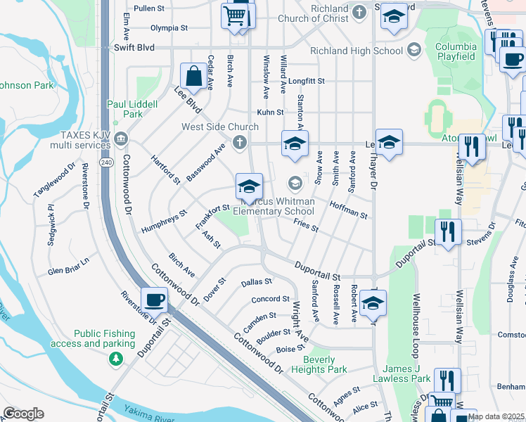 map of restaurants, bars, coffee shops, grocery stores, and more near 504 Wright Avenue in Richland