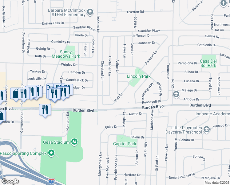 map of restaurants, bars, coffee shops, grocery stores, and more near 4912-4916 Arthur Lane in Pasco