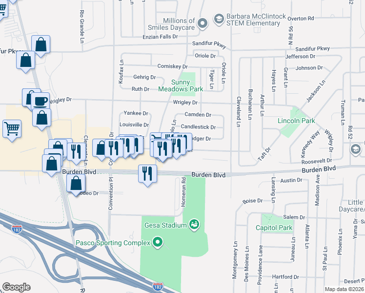 map of restaurants, bars, coffee shops, grocery stores, and more near 6315 Fenway Drive in Pasco