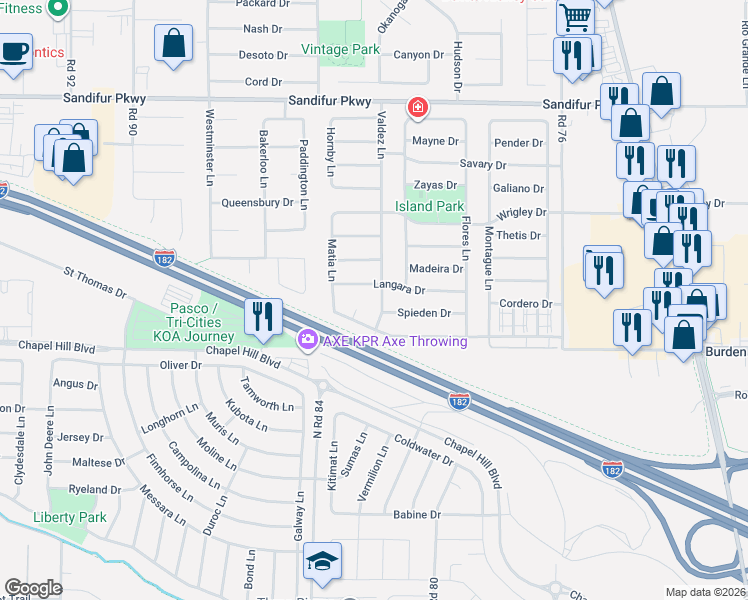 map of restaurants, bars, coffee shops, grocery stores, and more near 4916 Valdez Lane in Pasco
