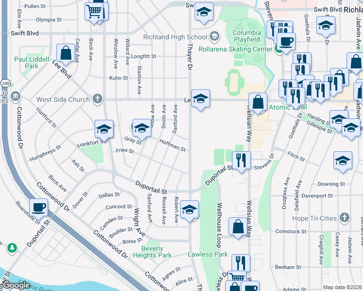 map of restaurants, bars, coffee shops, grocery stores, and more near 1406 Hoffman Street in Richland