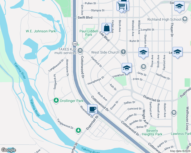 map of restaurants, bars, coffee shops, grocery stores, and more near 602 Basswood Avenue in Richland
