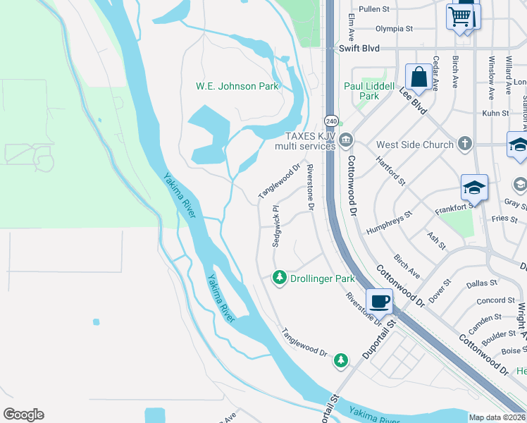 map of restaurants, bars, coffee shops, grocery stores, and more near 605 Sedgwick Place in Richland