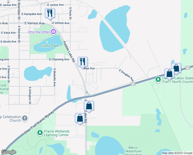 map of restaurants, bars, coffee shops, grocery stores, and more near 1233 Green Acres Trail in Fergus Falls