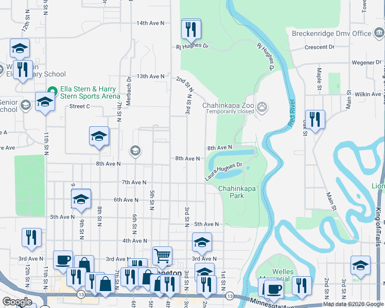 map of restaurants, bars, coffee shops, grocery stores, and more near 200-246 8th Avenue North in Wahpeton
