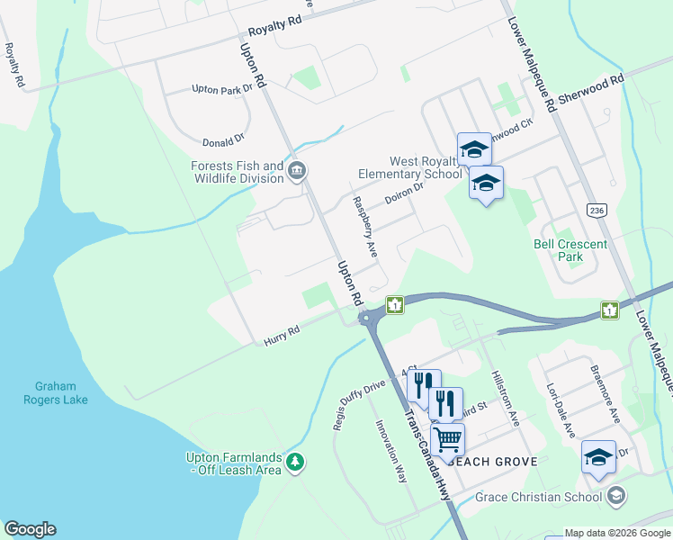 map of restaurants, bars, coffee shops, grocery stores, and more near 131 Upton Road in Charlottetown