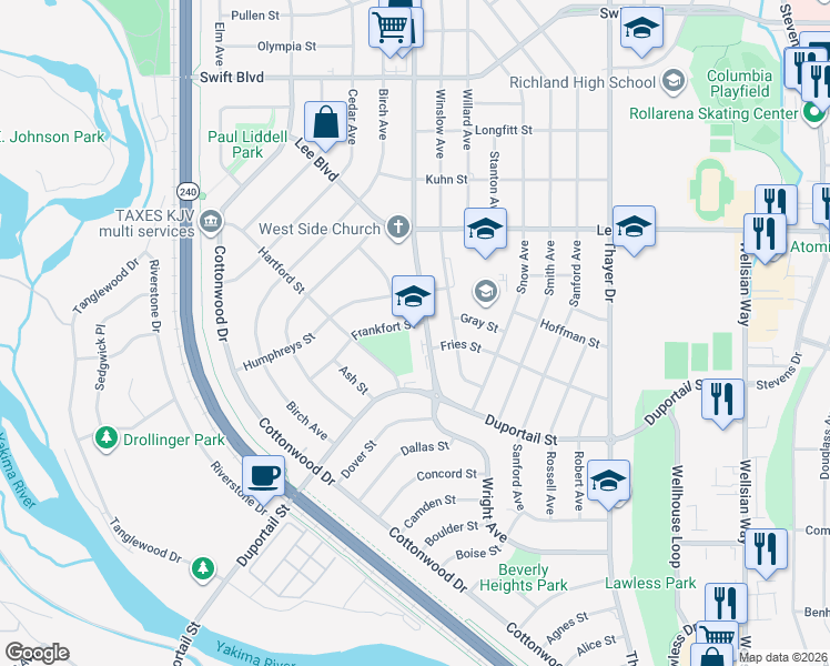 map of restaurants, bars, coffee shops, grocery stores, and more near 507 Wright Avenue in Richland