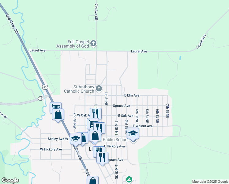 map of restaurants, bars, coffee shops, grocery stores, and more near 604 2nd Street Northeast in Linton