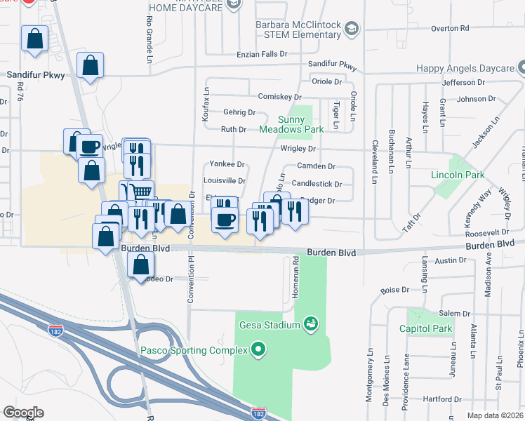 map of restaurants, bars, coffee shops, grocery stores, and more near 6415 Fenway Drive in Pasco