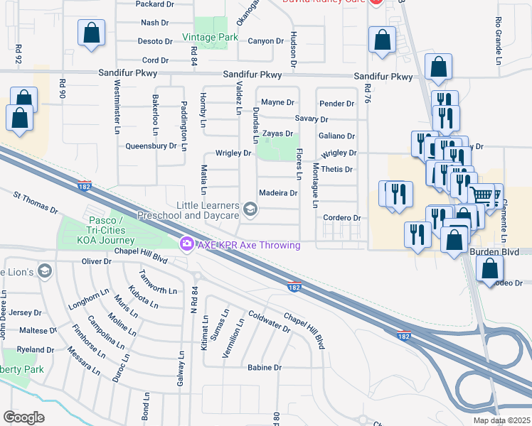 map of restaurants, bars, coffee shops, grocery stores, and more near 8015 Spieden Drive in Pasco