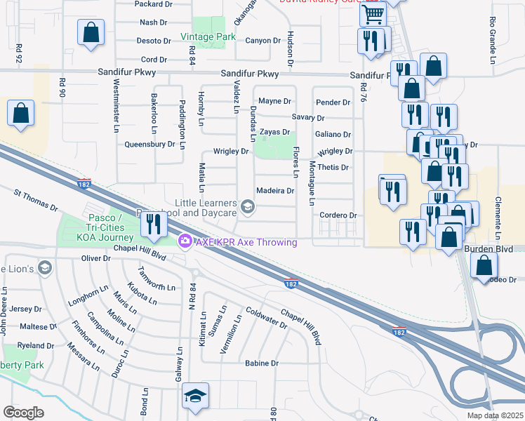 map of restaurants, bars, coffee shops, grocery stores, and more near 8015 Spieden Drive in Pasco