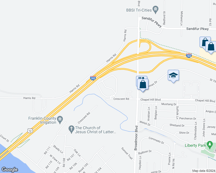 map of restaurants, bars, coffee shops, grocery stores, and more near 10305 Chapel Hill Boulevard in Pasco