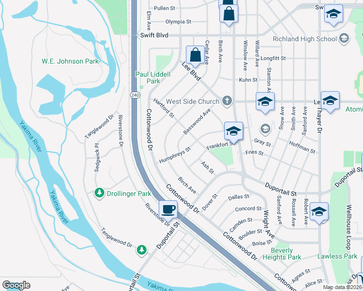 map of restaurants, bars, coffee shops, grocery stores, and more near 604 Basswood Avenue in Richland