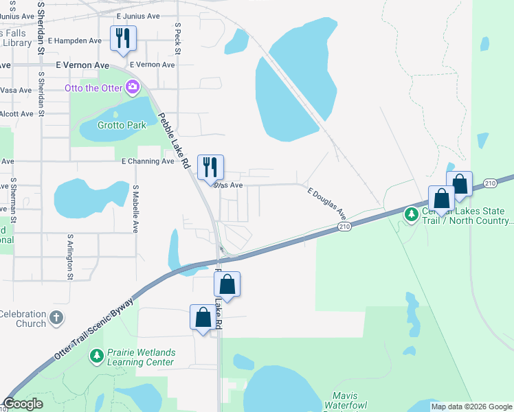 map of restaurants, bars, coffee shops, grocery stores, and more near 1233 Green Acres Trail in Fergus Falls