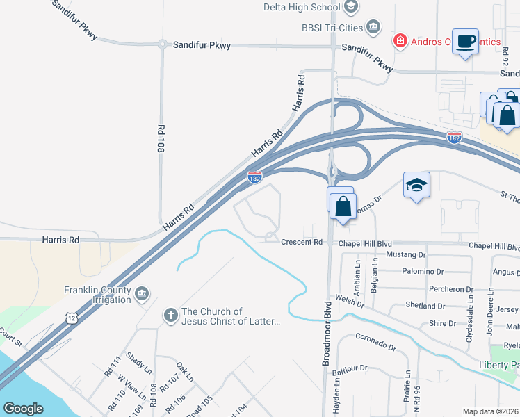 map of restaurants, bars, coffee shops, grocery stores, and more near 10305 Chapel Hill Boulevard in Pasco