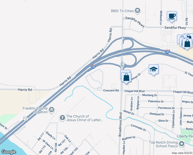 map of restaurants, bars, coffee shops, grocery stores, and more near 10305 Chapel Hill Boulevard in Pasco
