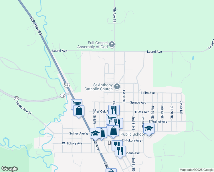 map of restaurants, bars, coffee shops, grocery stores, and more near 600 1st Street Northwest in Linton