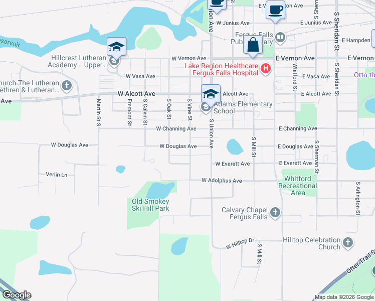 map of restaurants, bars, coffee shops, grocery stores, and more near 328 West Douglas Avenue in Fergus Falls