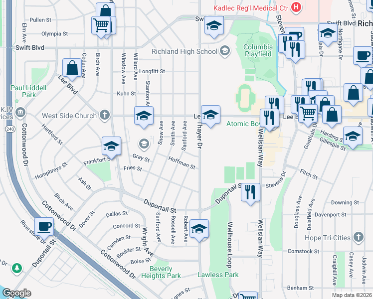 map of restaurants, bars, coffee shops, grocery stores, and more near 613 Thayer Drive in Richland