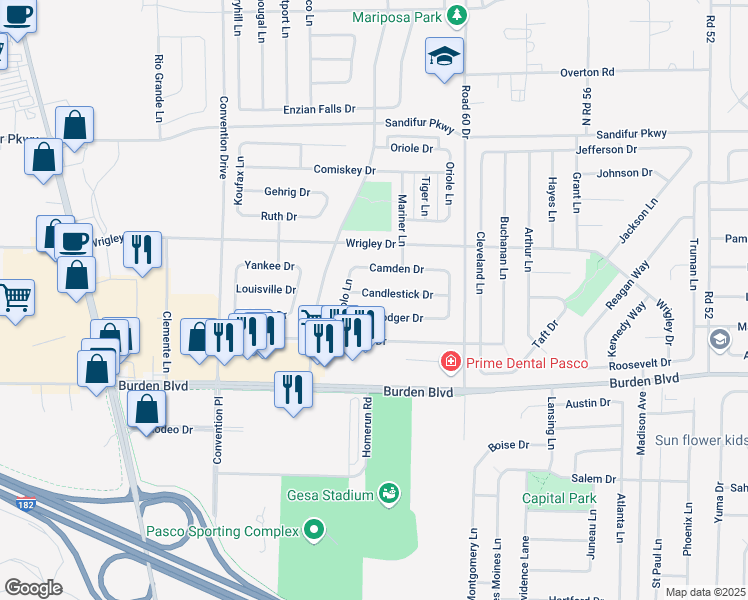 map of restaurants, bars, coffee shops, grocery stores, and more near 6215 Candlestick Drive in Pasco