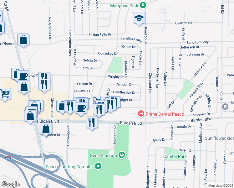 map of restaurants, bars, coffee shops, grocery stores, and more near 6215 Candlestick Drive in Pasco