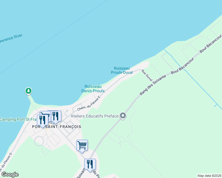 map of restaurants, bars, coffee shops, grocery stores, and more near 3630 Chemin du Fleuve Est in Nicolet