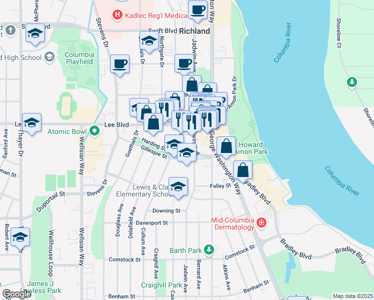map of restaurants, bars, coffee shops, grocery stores, and more near 615 Jadwin Avenue in Richland
