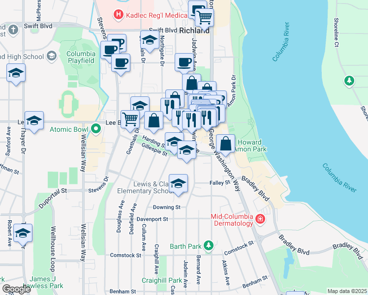 map of restaurants, bars, coffee shops, grocery stores, and more near 615 Jadwin Ave in Richland