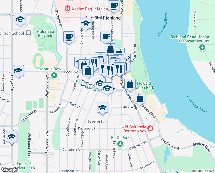 map of restaurants, bars, coffee shops, grocery stores, and more near 615 Jadwin Avenue in Richland