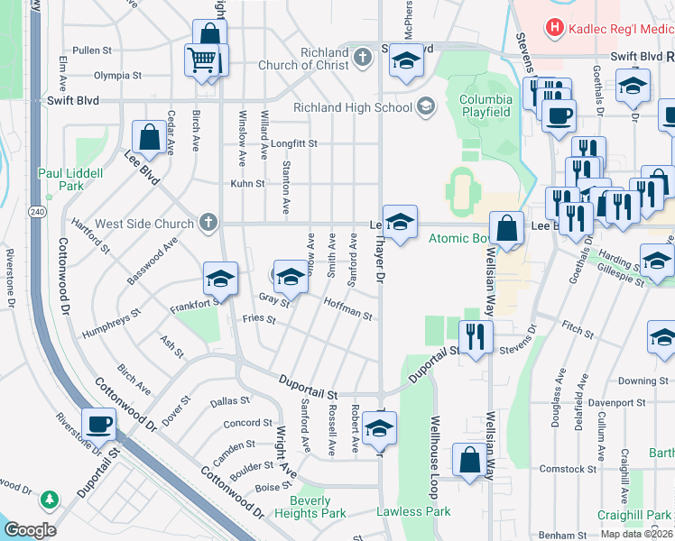 map of restaurants, bars, coffee shops, grocery stores, and more near 528 Smith Avenue in Richland