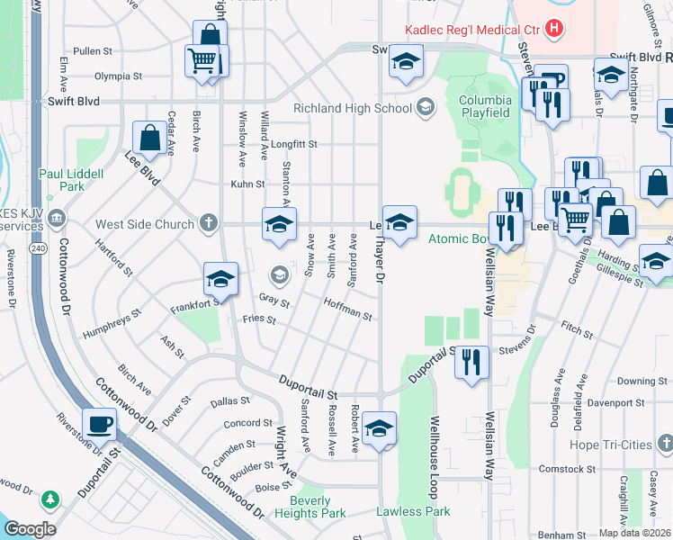 map of restaurants, bars, coffee shops, grocery stores, and more near 528 Smith Avenue in Richland