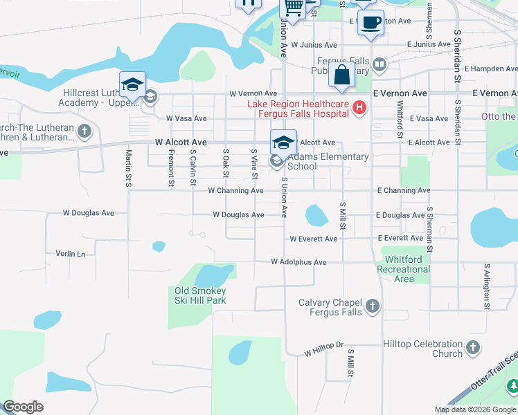 map of restaurants, bars, coffee shops, grocery stores, and more near 328 West Douglas Avenue in Fergus Falls