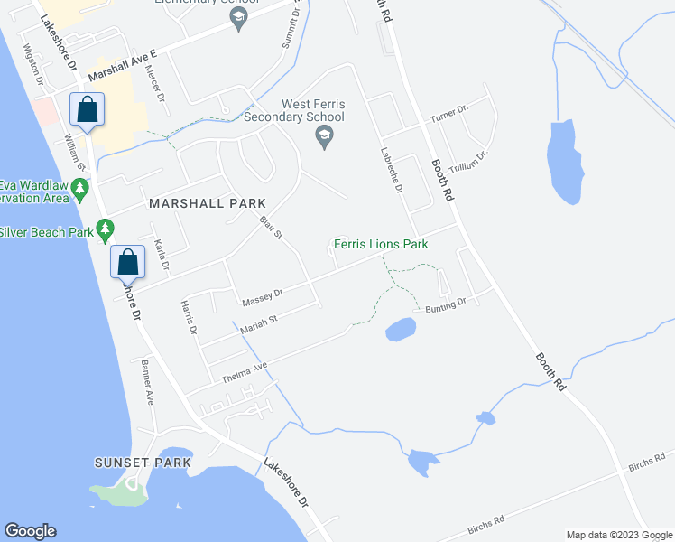 map of restaurants, bars, coffee shops, grocery stores, and more near Massey Drive in North Bay