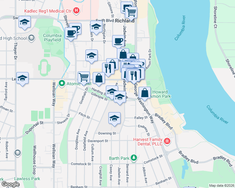 map of restaurants, bars, coffee shops, grocery stores, and more near 615 Jadwin Avenue in Richland