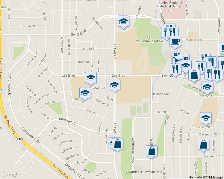 map of restaurants, bars, coffee shops, grocery stores, and more near 613 Thayer Drive in Richland