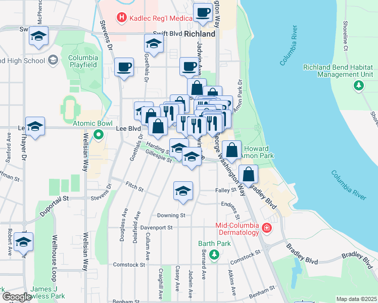 map of restaurants, bars, coffee shops, grocery stores, and more near 615 Jadwin Ave in Richland