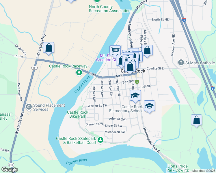map of restaurants, bars, coffee shops, grocery stores, and more near 331 B Street Southwest in Castle Rock