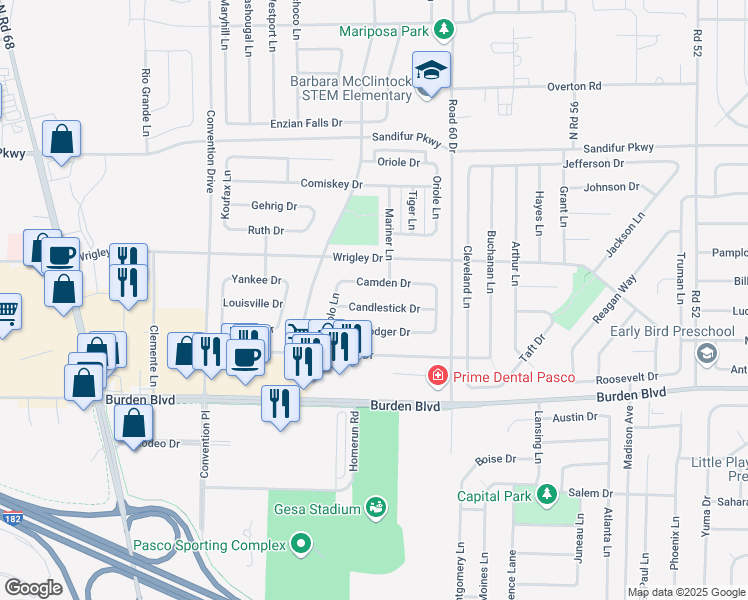 map of restaurants, bars, coffee shops, grocery stores, and more near 6215 Candlestick Drive in Pasco