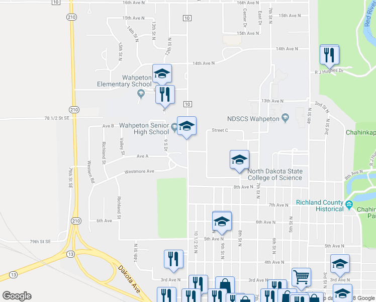 map of restaurants, bars, coffee shops, grocery stores, and more near 0 Wahpeton Indian School in Wahpeton