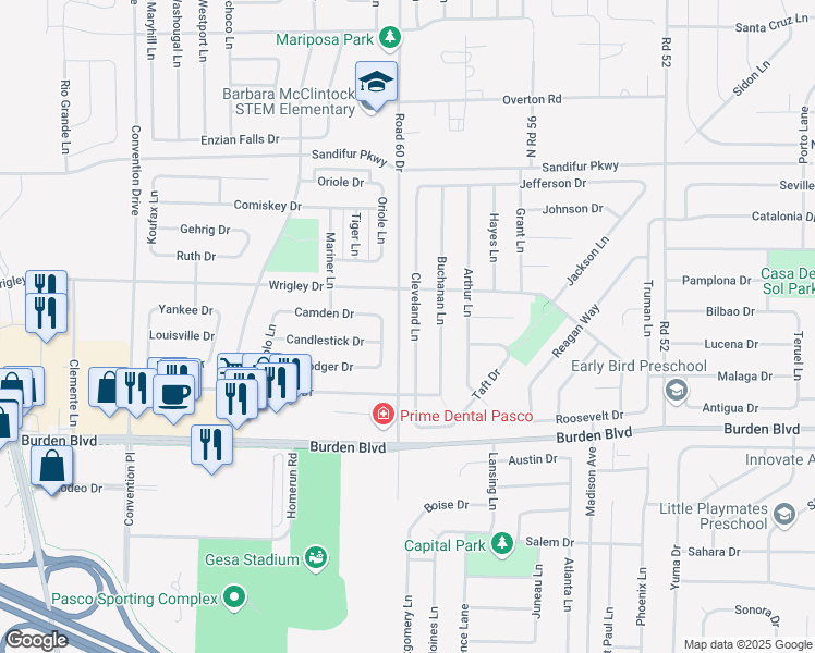 map of restaurants, bars, coffee shops, grocery stores, and more near 5112 Cleveland Lane in Pasco