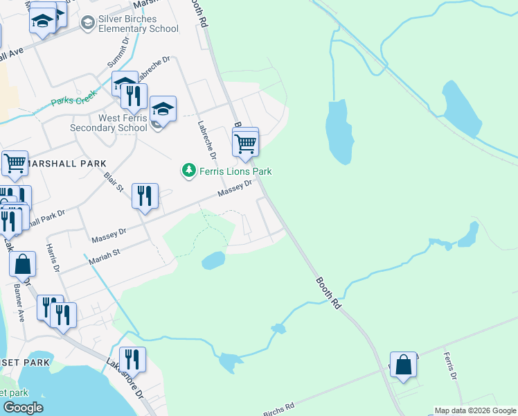 map of restaurants, bars, coffee shops, grocery stores, and more near Ashdale Crescent in North Bay