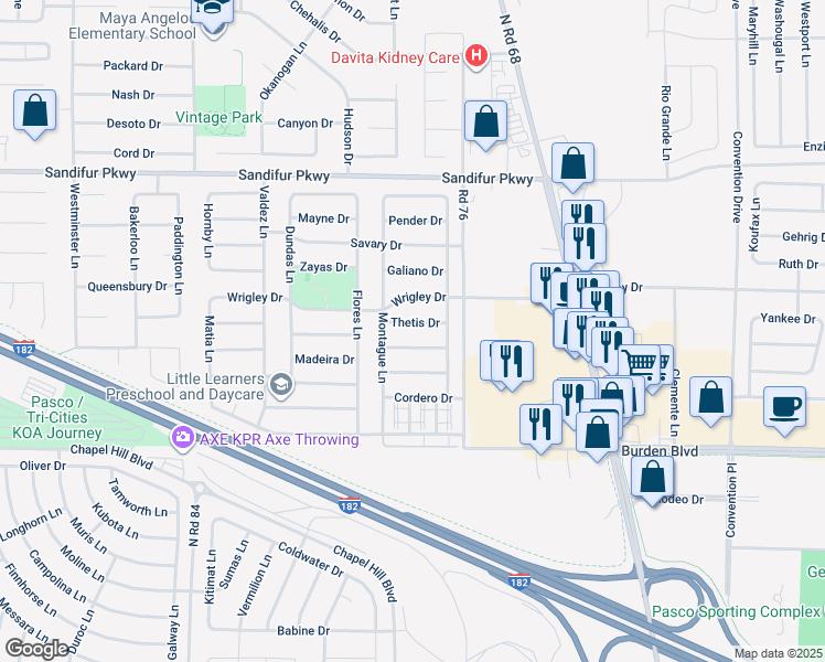 map of restaurants, bars, coffee shops, grocery stores, and more near 7707 Bonilla Drive in Pasco