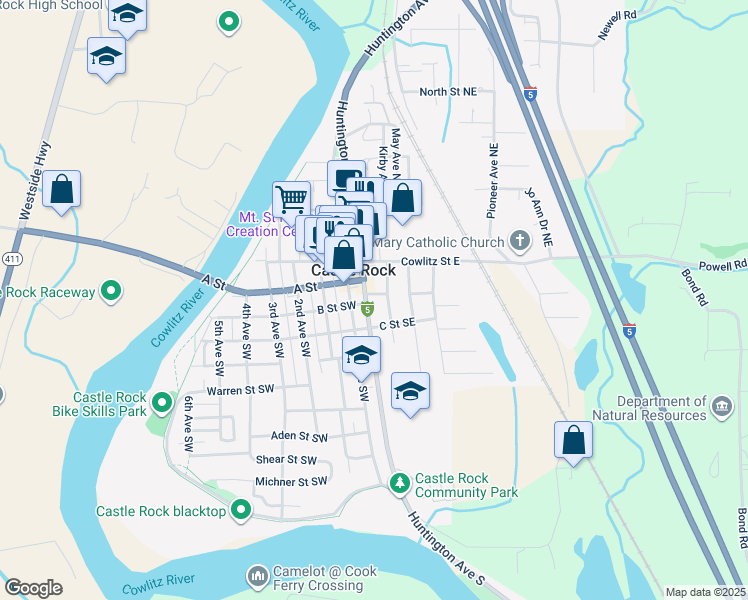 map of restaurants, bars, coffee shops, grocery stores, and more near 340 Front Avenue Northwest in Castle Rock