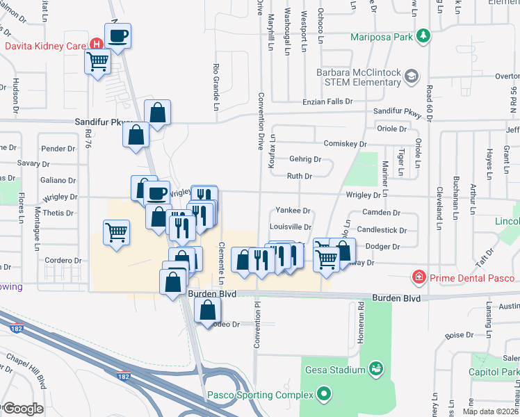 map of restaurants, bars, coffee shops, grocery stores, and more near Convention Drive in Pasco