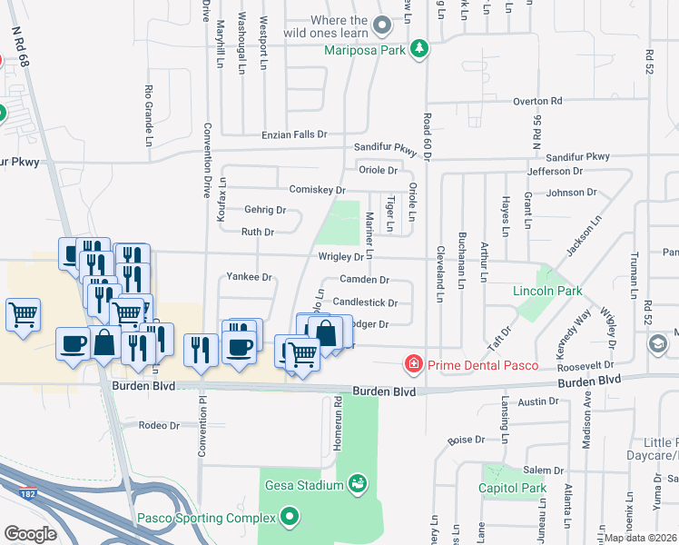 map of restaurants, bars, coffee shops, grocery stores, and more near 6315 Wrigley Drive in Pasco