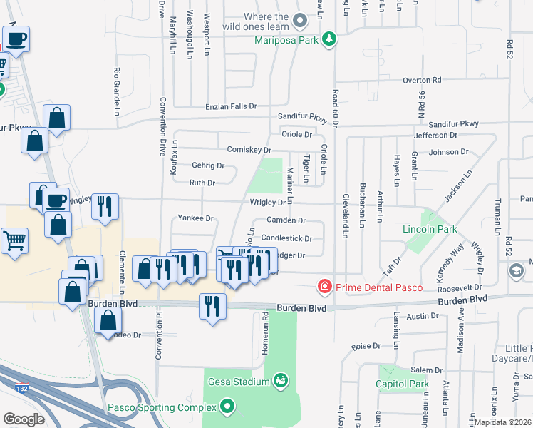 map of restaurants, bars, coffee shops, grocery stores, and more near 6315 Wrigley Drive in Pasco
