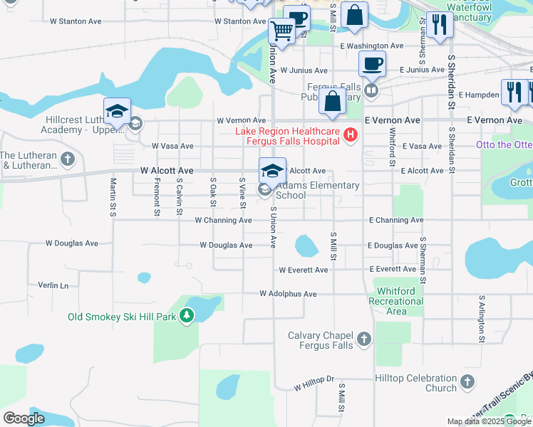 map of restaurants, bars, coffee shops, grocery stores, and more near 301 West Bancroft Avenue in Fergus Falls