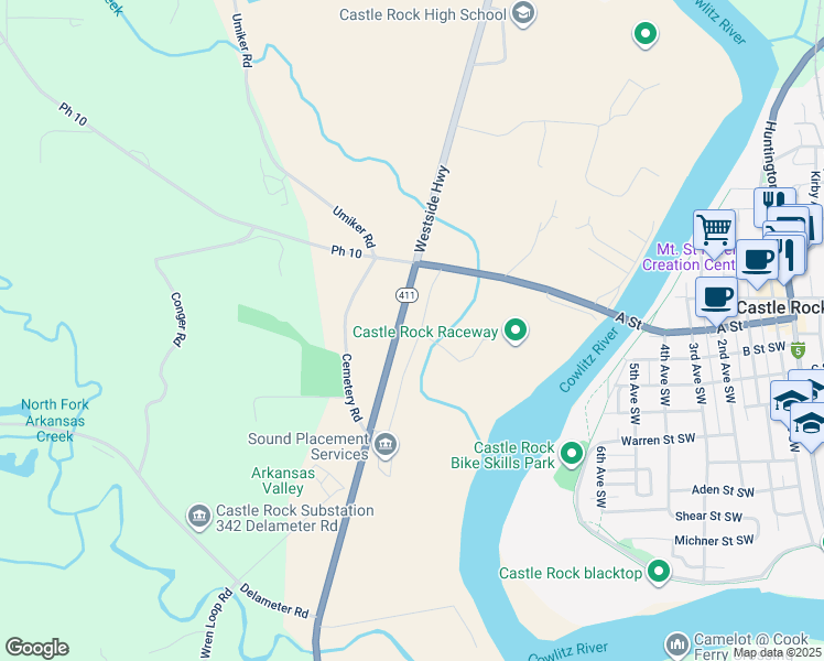 map of restaurants, bars, coffee shops, grocery stores, and more near 75 Ph 10 in Castle Rock