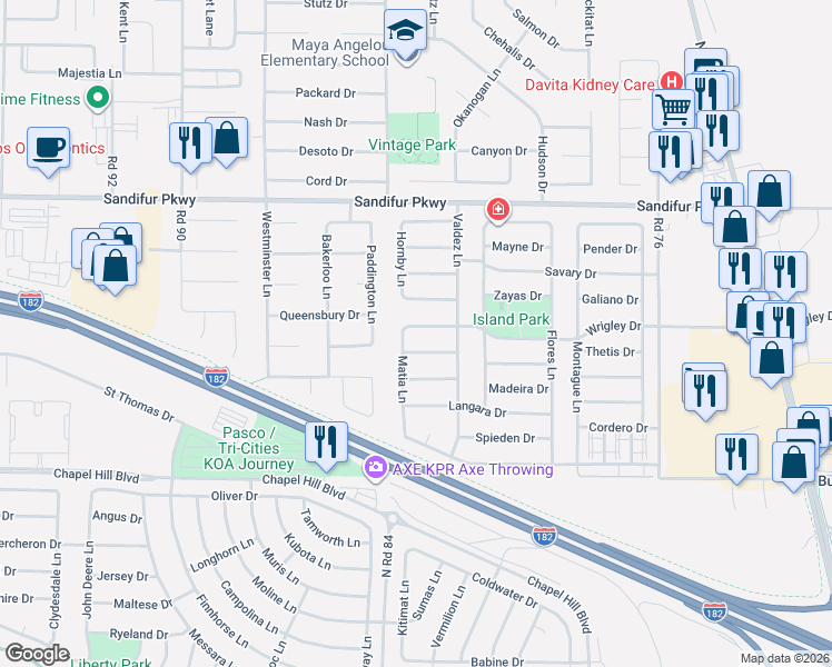 map of restaurants, bars, coffee shops, grocery stores, and more near 8303-8307 Wrigley Drive in Pasco